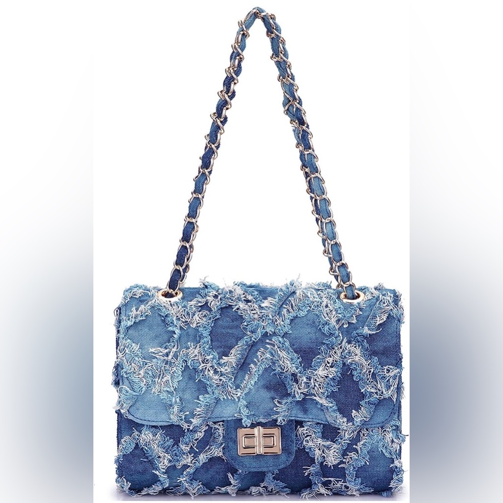 Women’s blue denim quilted frayed flap bag crossbody bags for women shoulder bag